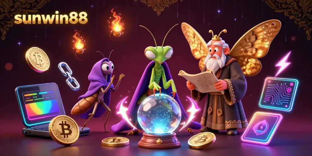 Engage with sunwin88's exciting casino world featuring mystical fortune tellers and crypto elements.