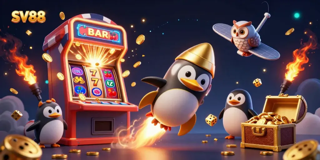 Experience the thrill of SV88, where golden coins cascade from a cosmic penguin and vibrant slot machines burst with excitement.