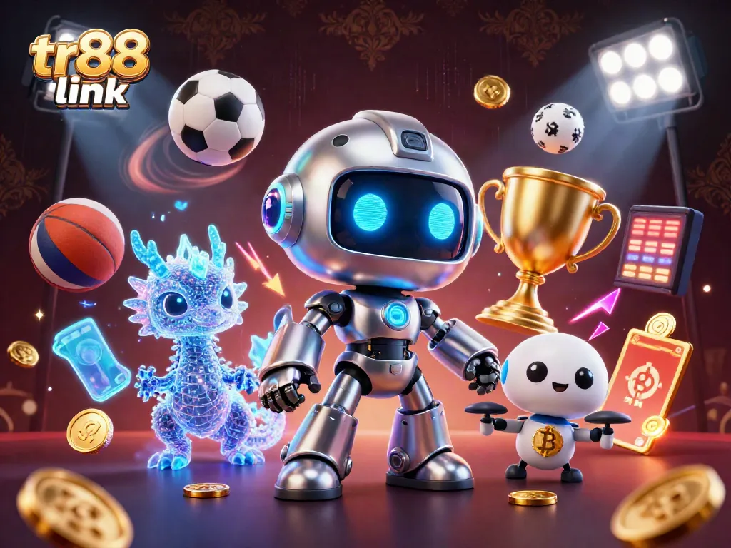 Engage with tr88 link through vibrant 3D sports-themed gaming illustration featuring futuristic characters.