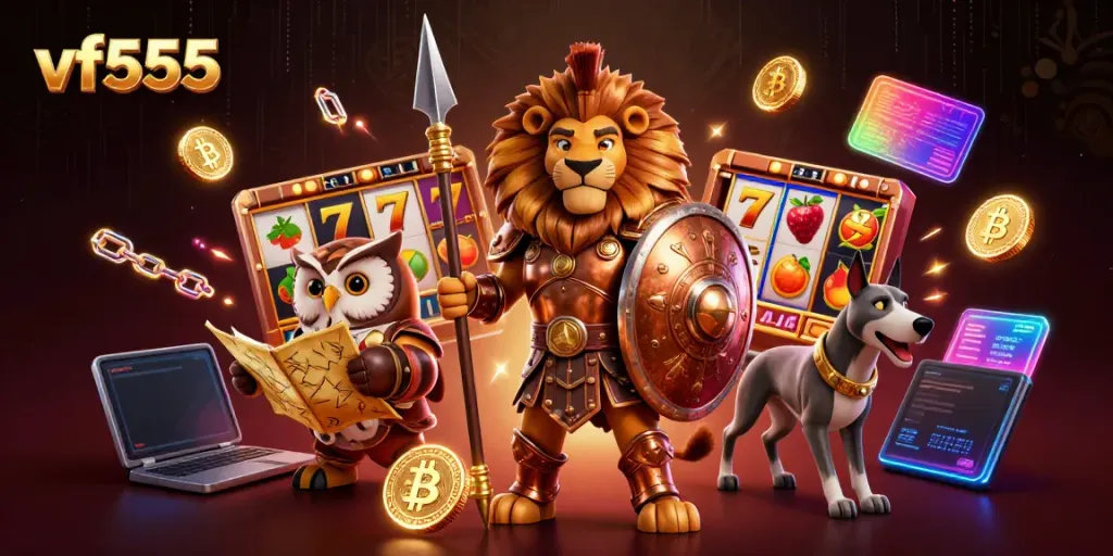 Experience excitement at vf555 with dynamic slot reels and brave characters in a vibrant casino illustration.