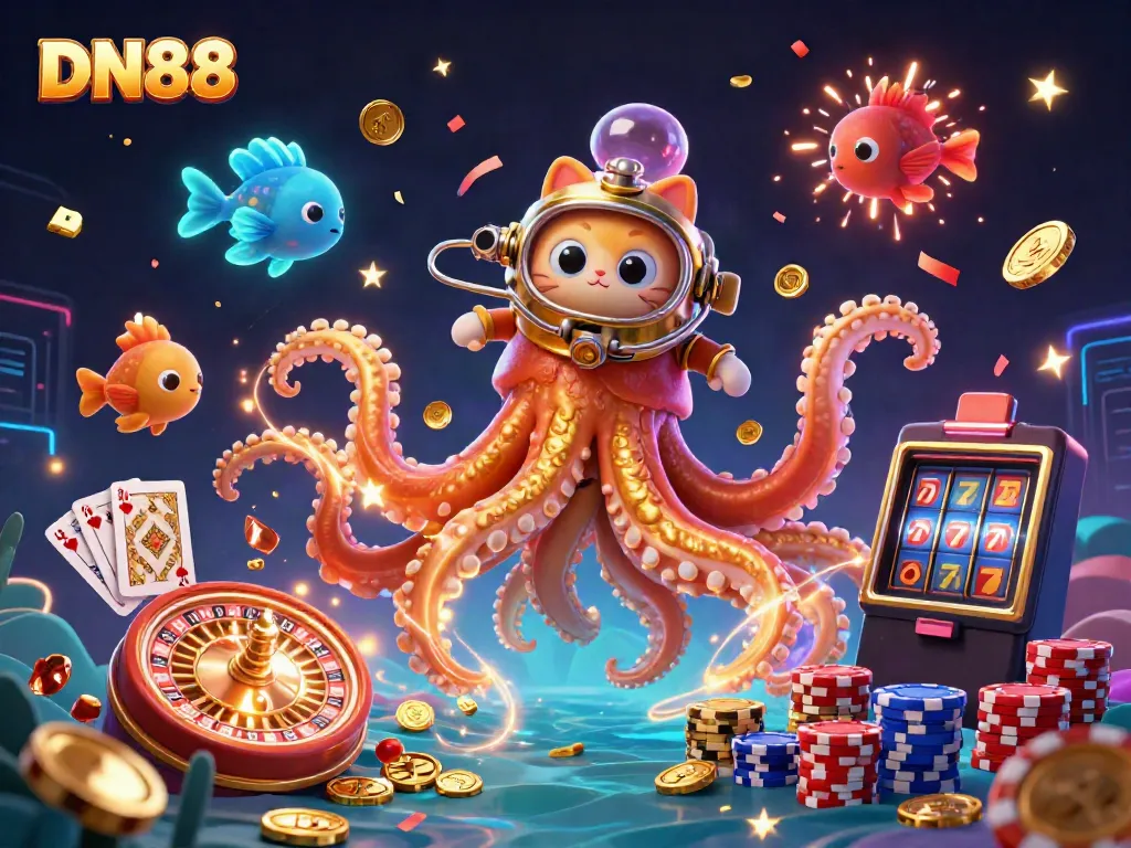Join DN88's thrilling gaming adventure with a colossal kraken and a diving cat, featuring vibrant casino elements.