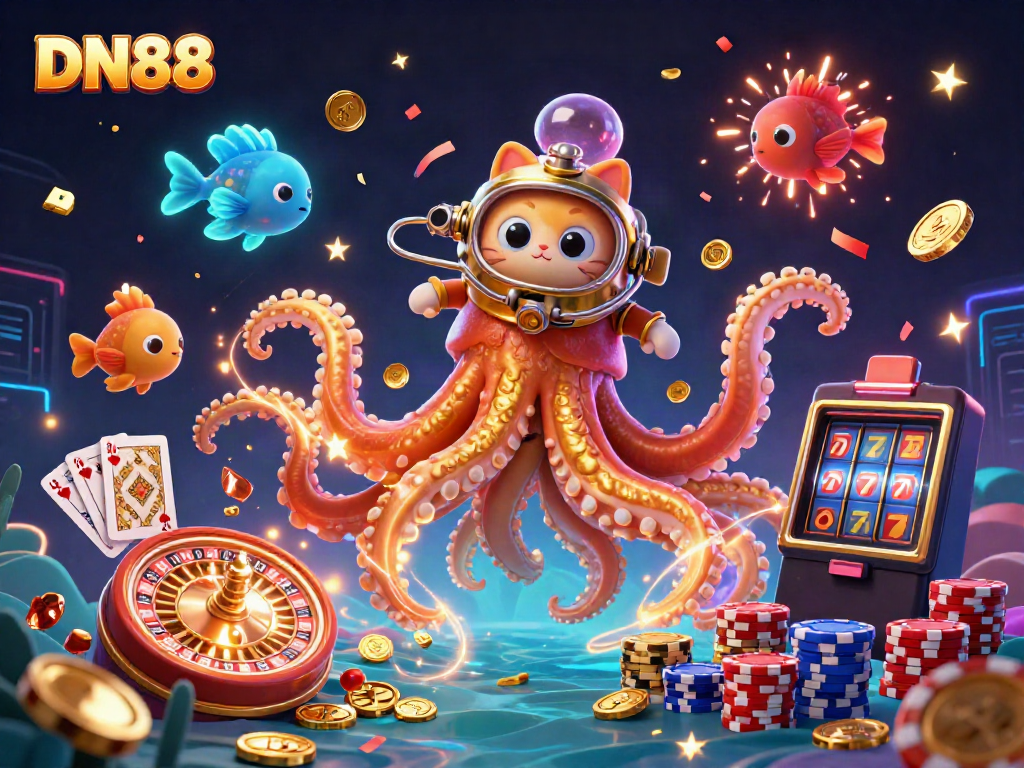 Join DN88's thrilling gaming adventure with a colossal kraken and a diving cat, featuring vibrant casino elements.