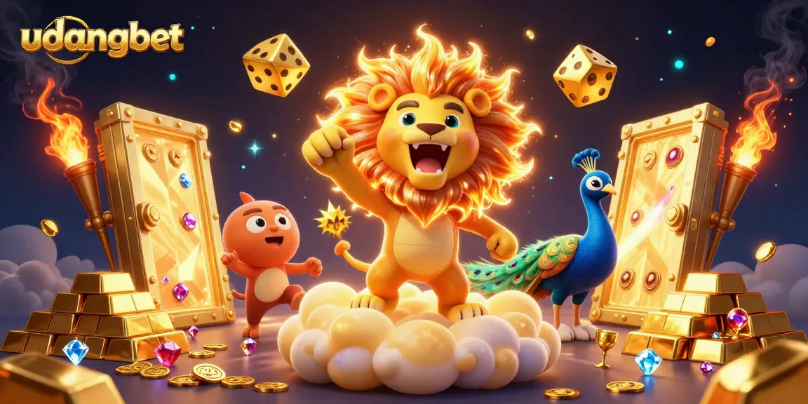 Spin and win with udangbet in a vibrant 3D casino scene filled with golden treasures and lively characters.