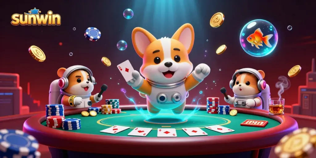Experience the vibrant sunwin casino world with a floating astronaut corgi in zero gravity.