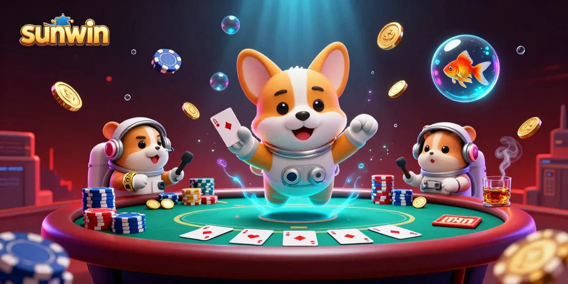 Experience the vibrant sunwin casino world with a floating astronaut corgi in zero gravity.