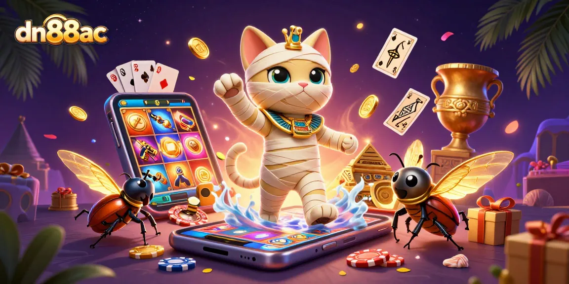 Play as the Egyptian mummy cat and discover thrilling gaming adventures at dn88ac in this vibrant casino illustration.