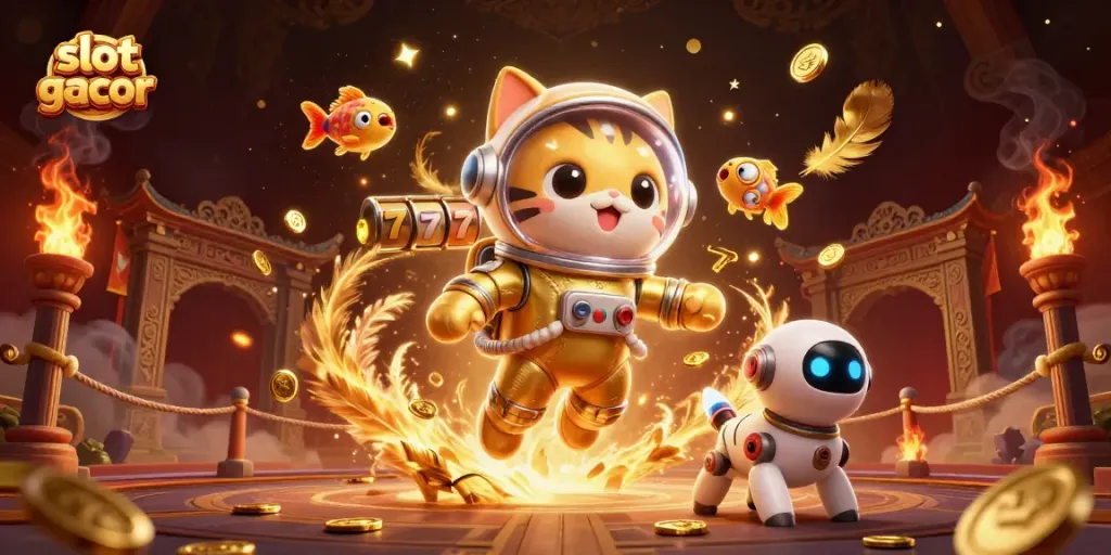 Engaging slot gacor scene featuring a cartoon cat astronaut and robot dog surrounded by vibrant casino elements.