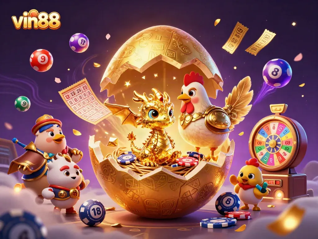 vin88 offers a vibrant gaming experience through its unique characters and exciting game elements, showcasing vibrant lottery balls and golden chips.