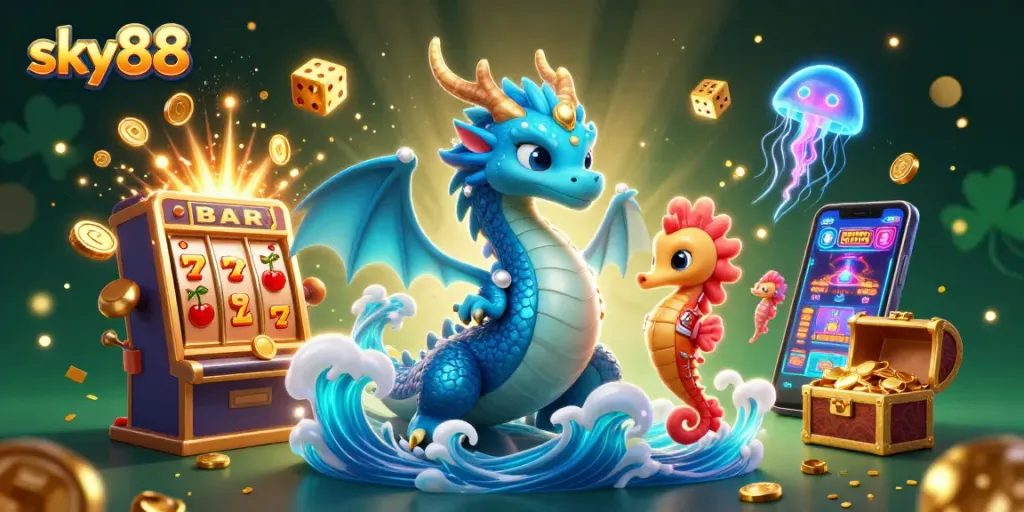 Experience the thrill of sky88 with a majestic water dragon and immersive casino elements.