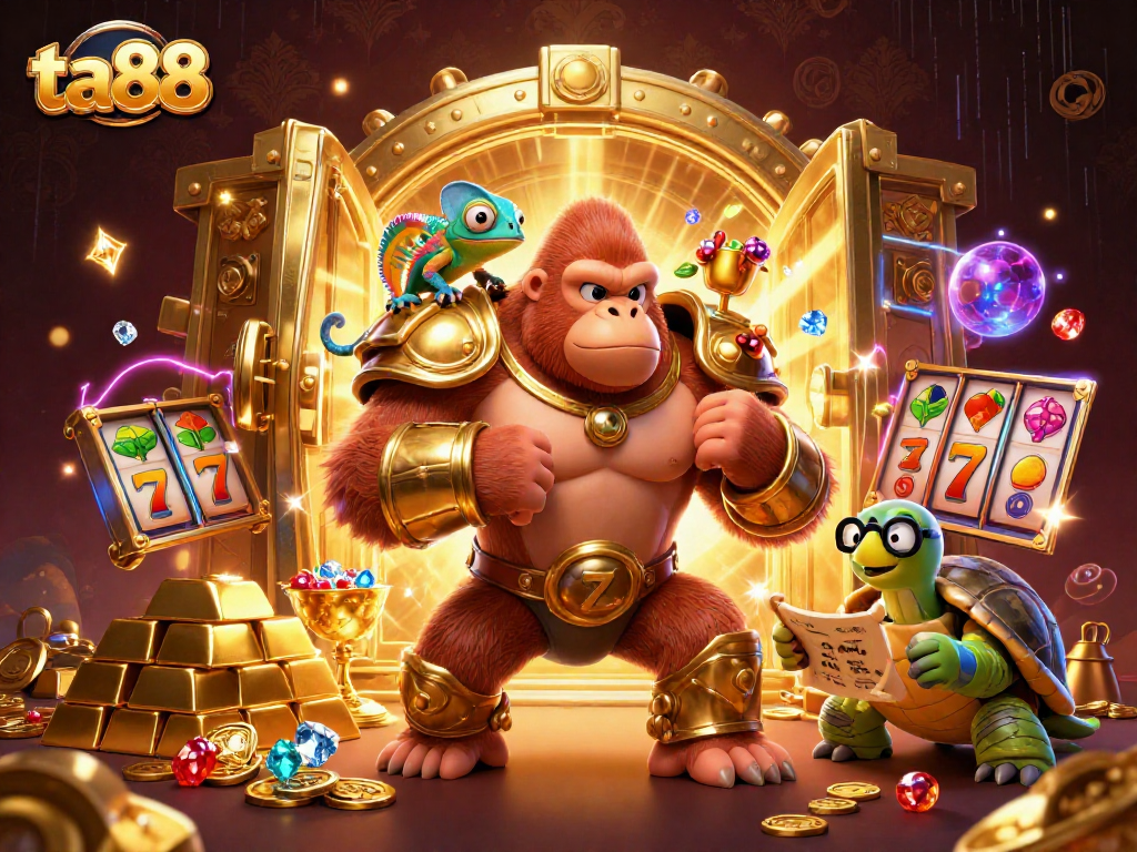 Experience the excitement of ta88 with a vibrant 3D illustration featuring a gorilla king and casino treasures.