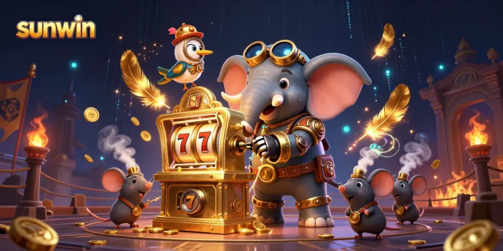 Experience exciting gameplay with sunwin at the colorful steampunk slot machine and dynamic casino scene.