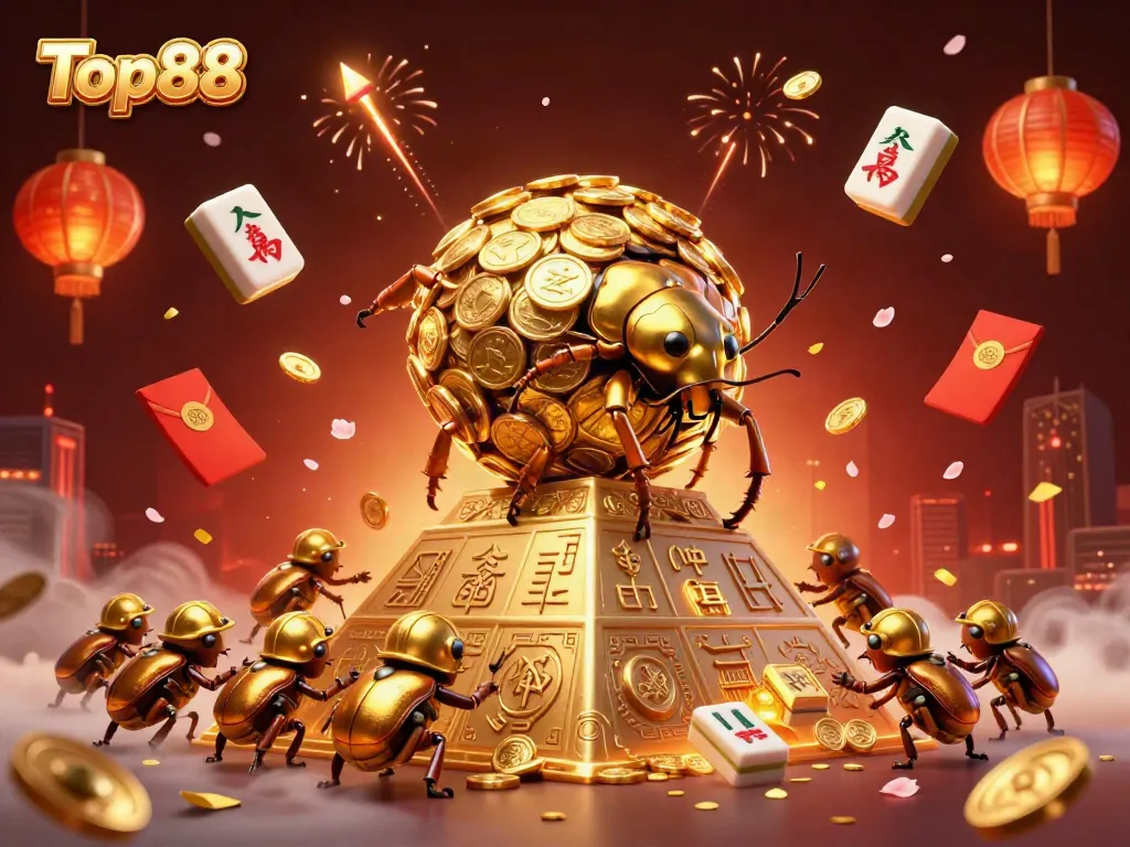 Engage with Top88's vibrant casino scene featuring golden beetles and dynamic symbols