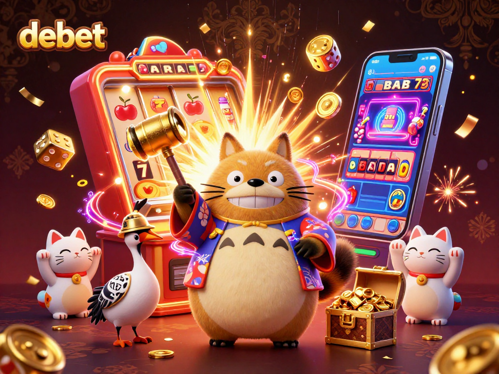 Experience debet gaming excitement with a cheerful tanuki, jackpot slots, and festive casino charm.