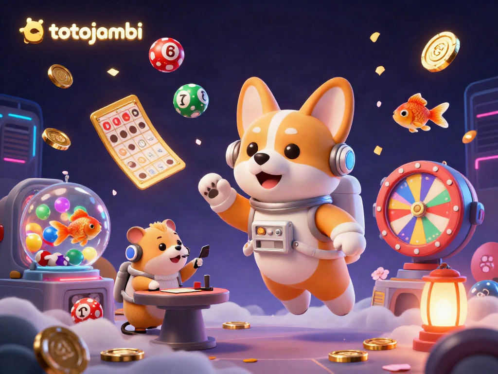 Engaging scene showcasing the "totojambi" themed space casino with a floating astronaut corgi, colorful lottery elements, and dynamic game features.