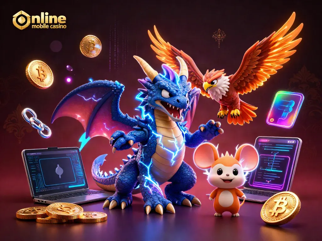 Experience the thrill of online mobile casino games with vibrant 3D characters and crypto elements.