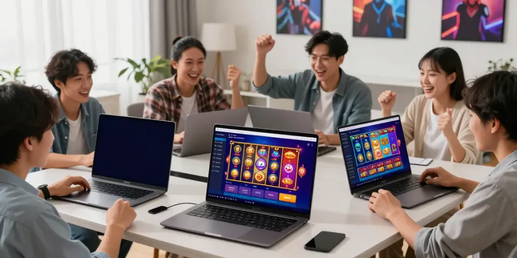 Pengguna SERIBUTOTO menikmati permainan online dengan antusias di ruang tamu yang modern.