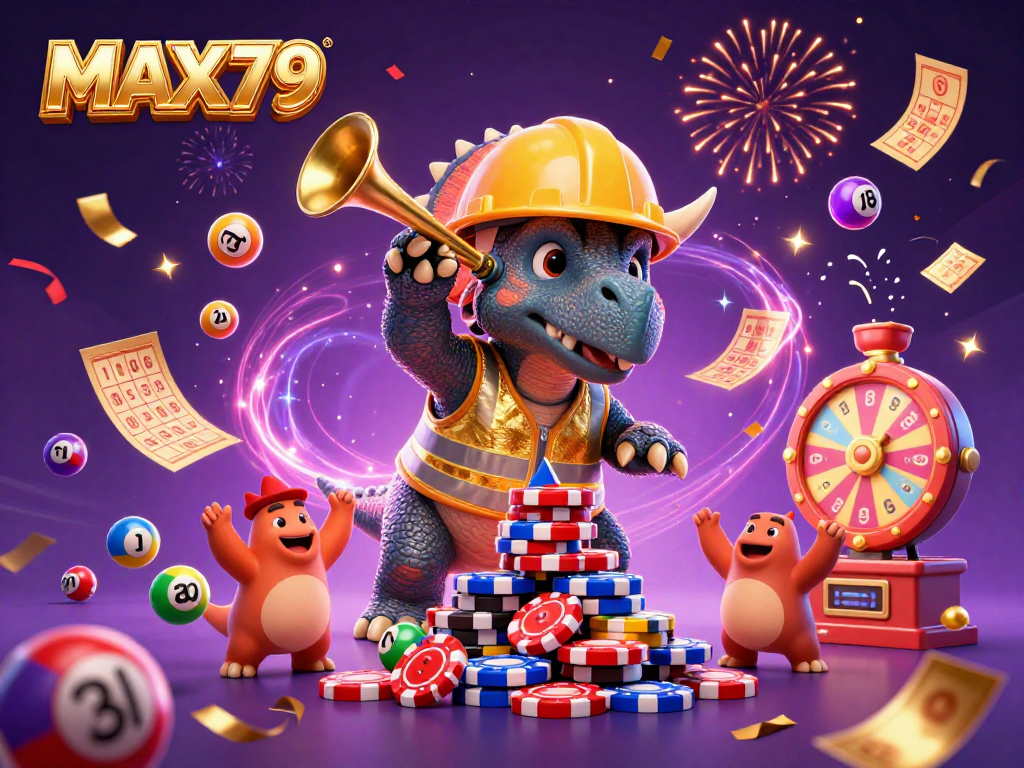 MAX79 showcases a celebratory scene featuring cartoon characters lifting poker chips amidst colorful gambling elements and confetti.