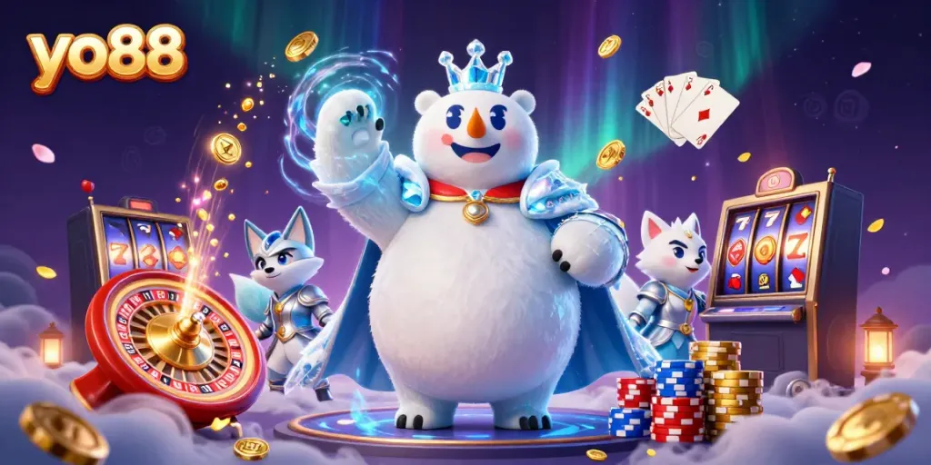 Play games and win at yo88, featuring a delightful polar bear king and shimmering slot elements.