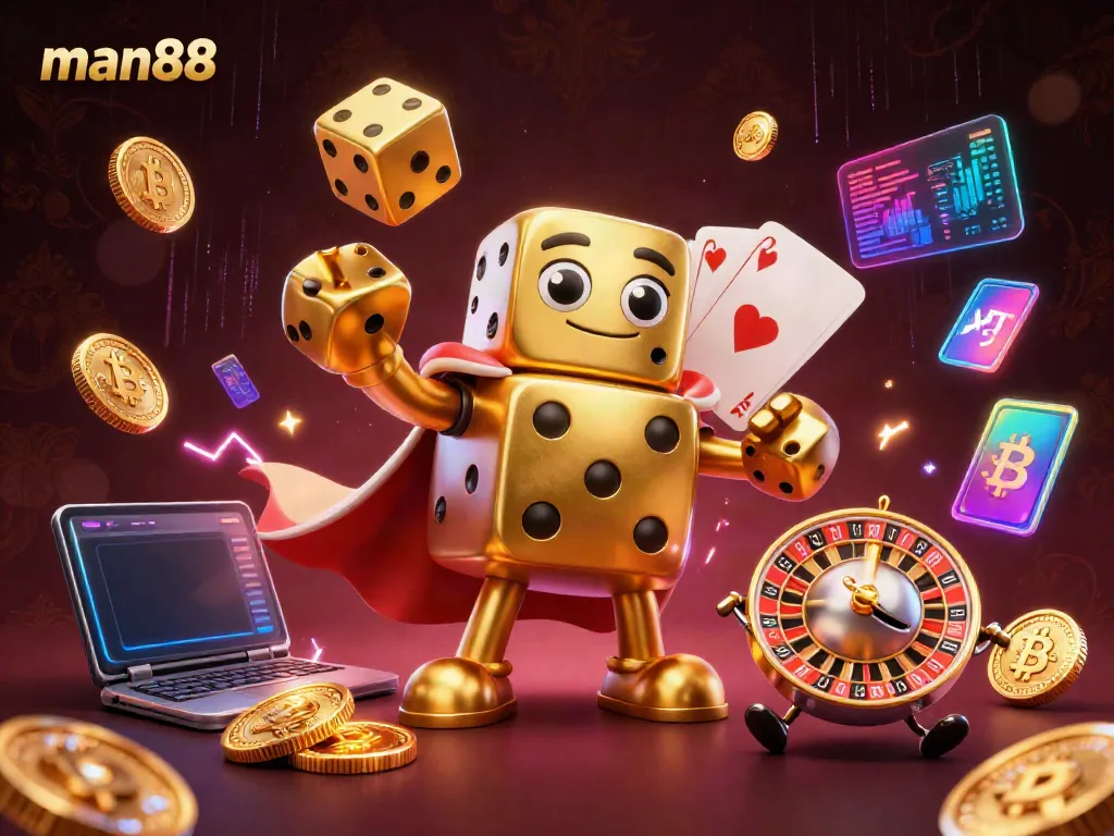 Engaging experience at man88 with golden dice golem, crypto elements, and casino atmosphere.