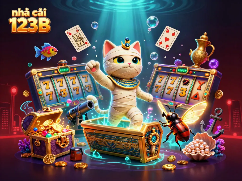 Experience the excitement of nhà cái 123B with vibrant 3D characters and casino elements bursting with energy.