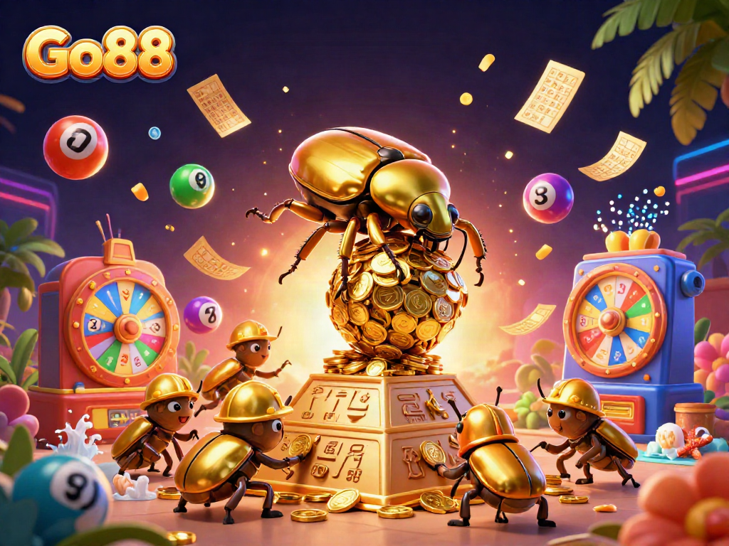 Experience the excitement of Go88 with dynamic lottery elements and a golden beetle scene.