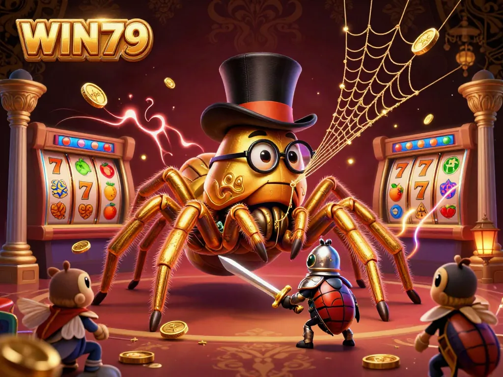 Win79 slots excitement with a golden tarantula, knight, coins, and spinning reels.