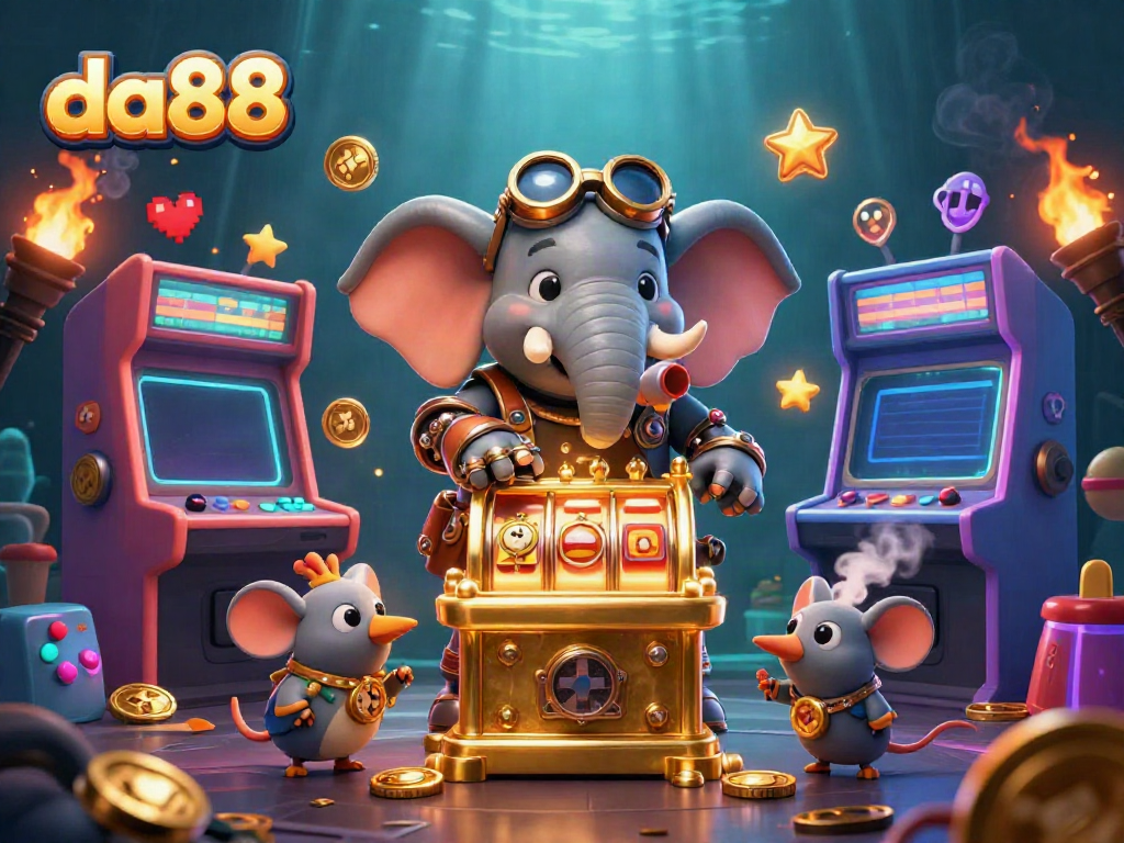 Experience the thrill of da88 with a 3D steampunk elephant operating a golden slot machine.
