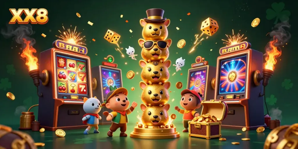 Experience the vibrant world of XX8 Casino with a dynamic illustration showcasing golden totem characters and casino elements.