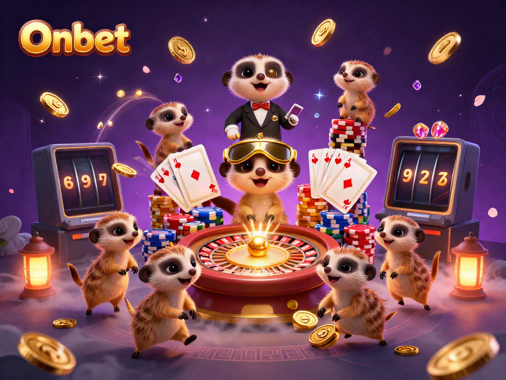 An engaging Onbet scene with meerkats managing a vibrant casino, amidst cascading coins and gems.