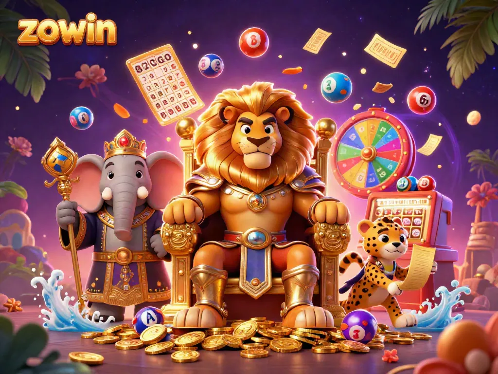 Zowin's vibrant gaming scene features a lion king, elephant advisor, and cheetah messenger amidst dynamic lottery elements.