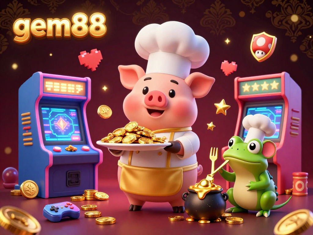 Experience casino gaming excitement with gem88 featuring a chef pig serving gold coins in a dynamic scene.