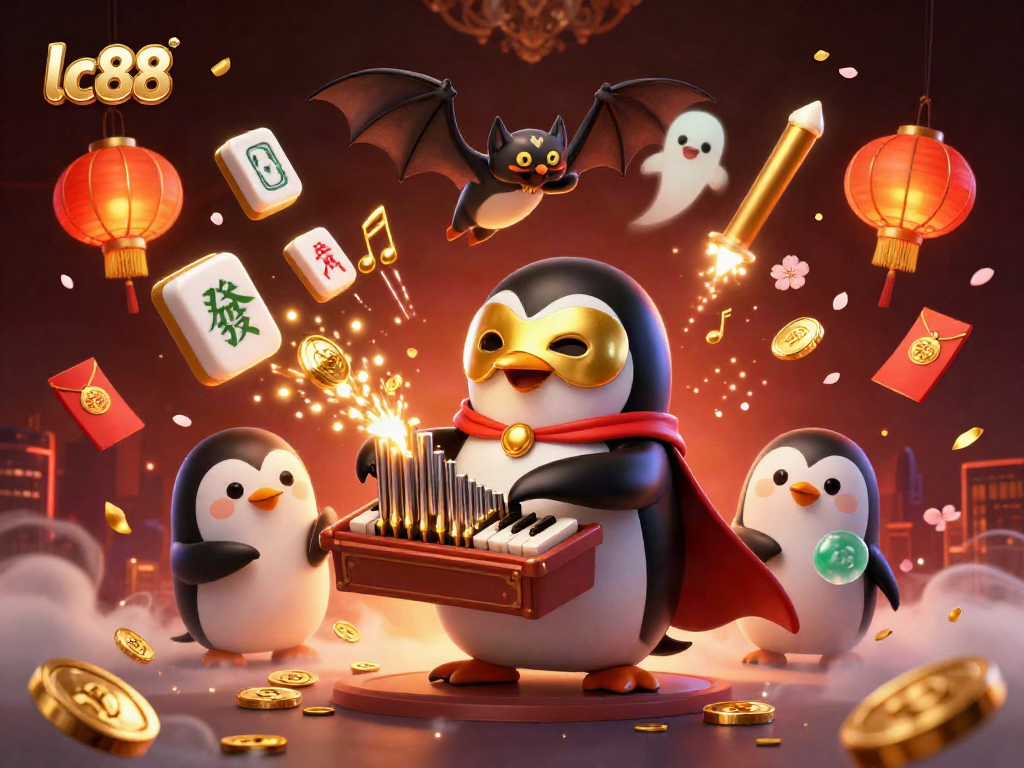 Experience lc88 gaming thrills with a dynamic 3D scene showcasing a penguin and bat in an exciting casino atmosphere.