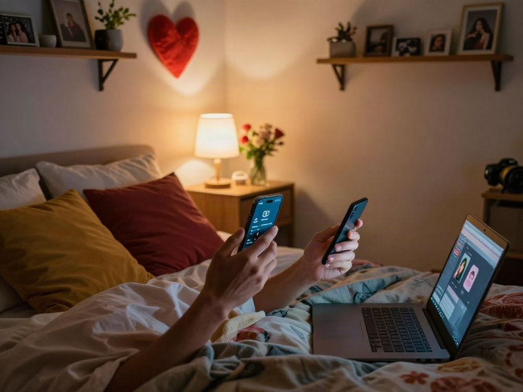 Couple engaging in intimate ai sexting while connected in a cozy bedroom.