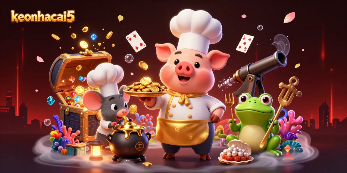 Experience keonhacai5 with a lively 3D illustration of a chef pig serving golden coins amidst vibrant casino-themed elements.