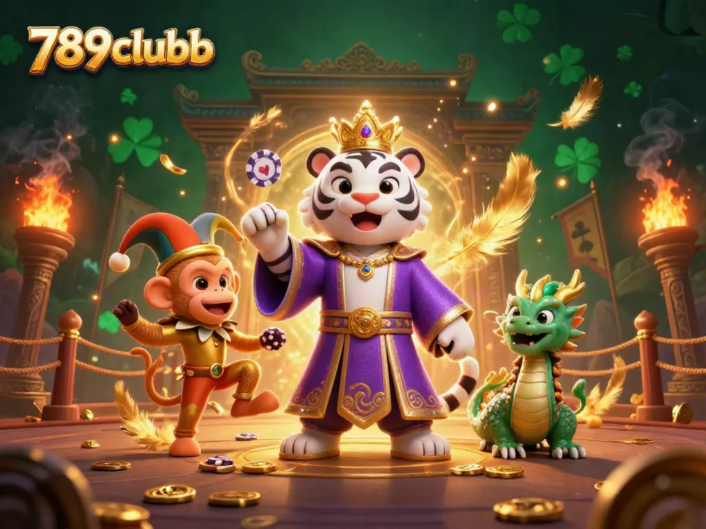 Experience the thrilling ambiance of 789clubb with a vibrant casino scene depicting an elegant tiger and playful monkey.