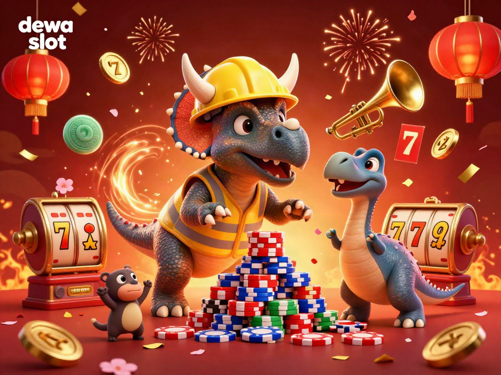 Experience the excitement of dewa slot with a festive 3D dinosaur-themed celebration scene.