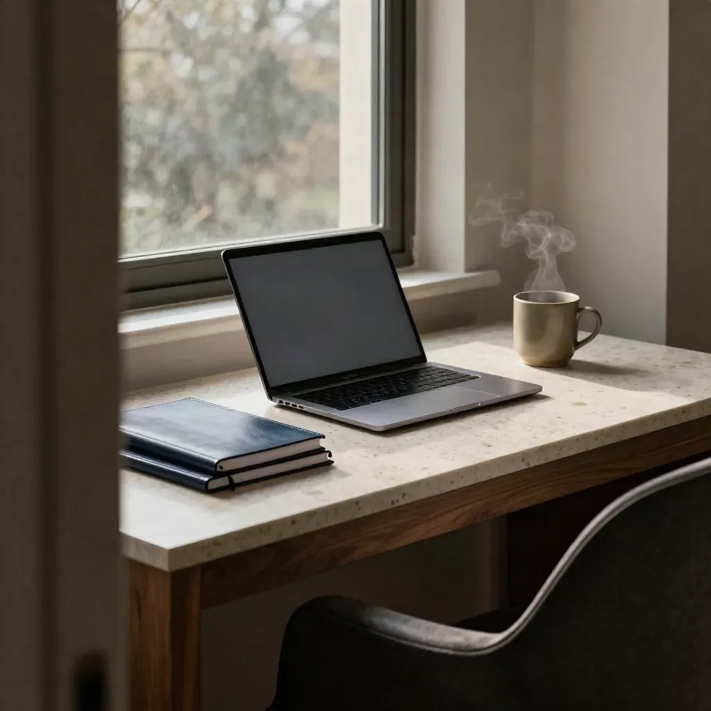 Poranny kącik nauki przy oknie: laptop, planery, notesy i kubek w spokojnym świetle.
