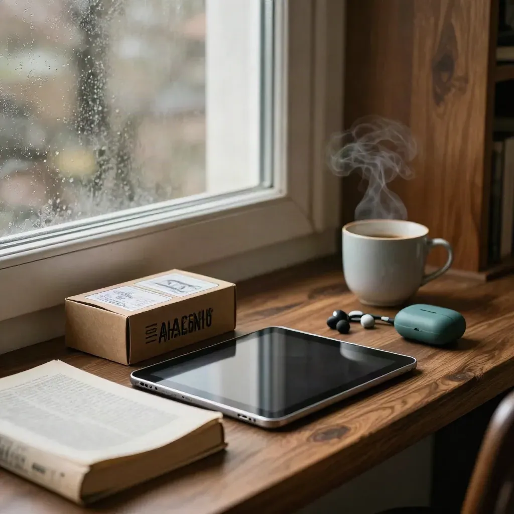 Kącik do nauki języków: tablet, słownik, pudełko fiszek i słuchawki przy oknie.