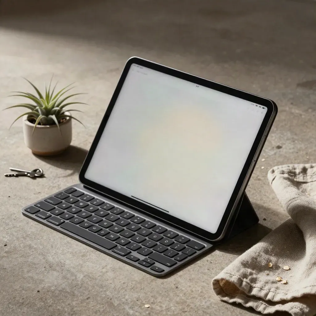 Tablet na stojaku, klawiatura, oplątwa i len na jasnym, minimalistycznym tle.
