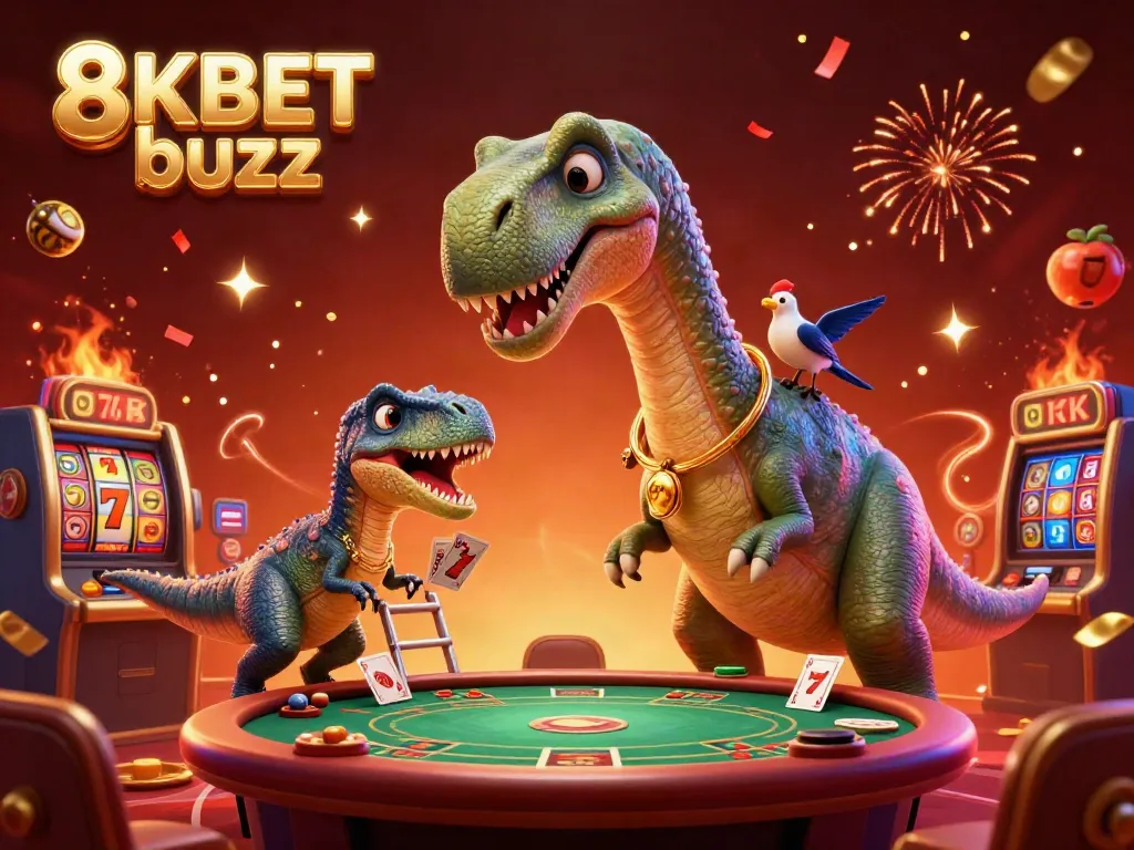 Experience the thrilling atmosphere of 8KBET buzz with a giant brontosaurus and clever raptor in a vibrant casino scene.