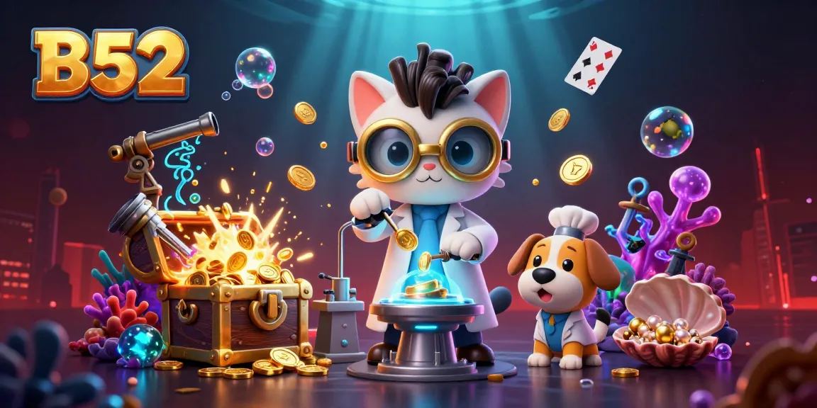 B52 online casino featuring a mad scientist cat and assistant amidst vibrant gold and treasure elements in a captivating setting.