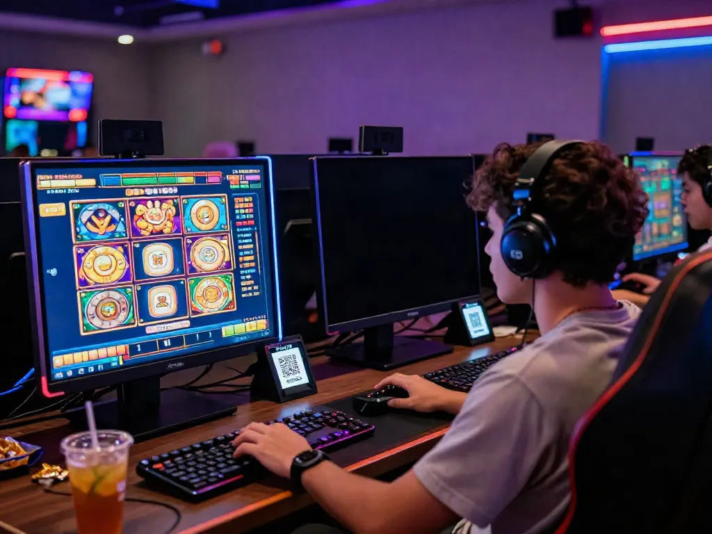 Player engaging in slot qris game at modern workstation with vibrant interface and payment options.