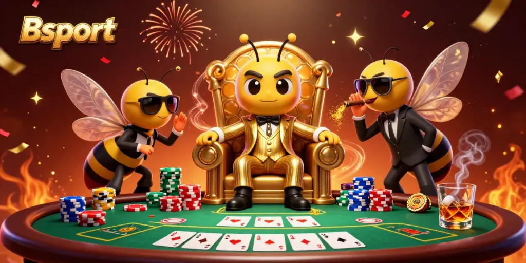 Experience Bsport’s thrilling gaming atmosphere with a cartoon bumblebee mob boss and poker elements.