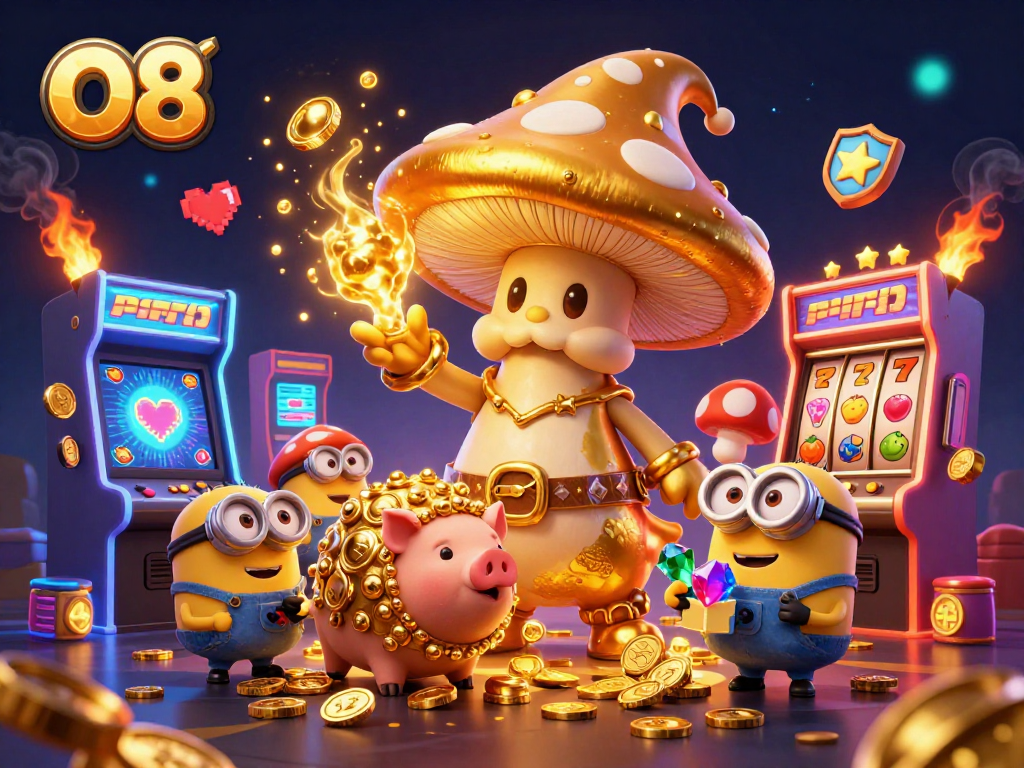 Engage with the vibrant O8 casino world featuring golden magic and colorful game elements.