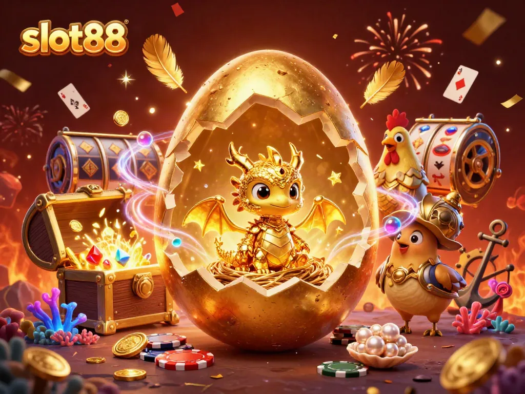 Spin and win at slot88 with this dynamic illustration of lucky symbols and golden treasures!
