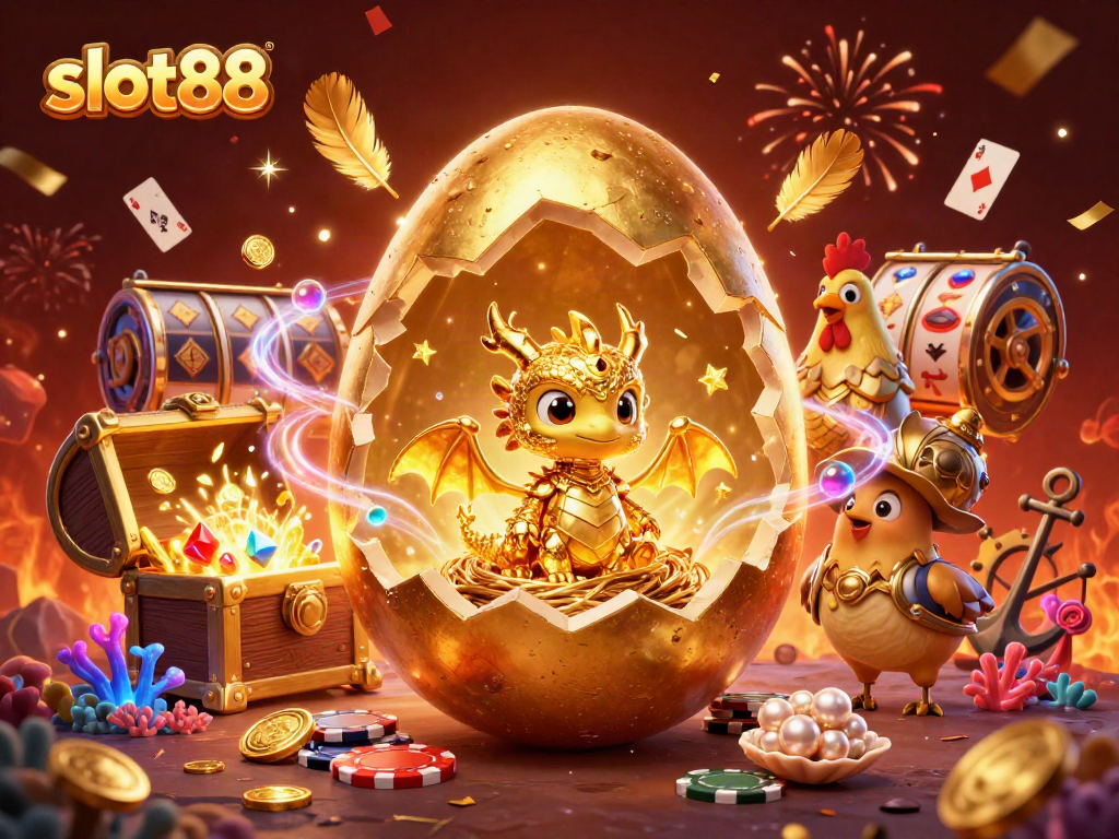 Spin and win at slot88 with this dynamic illustration of lucky symbols and golden treasures!