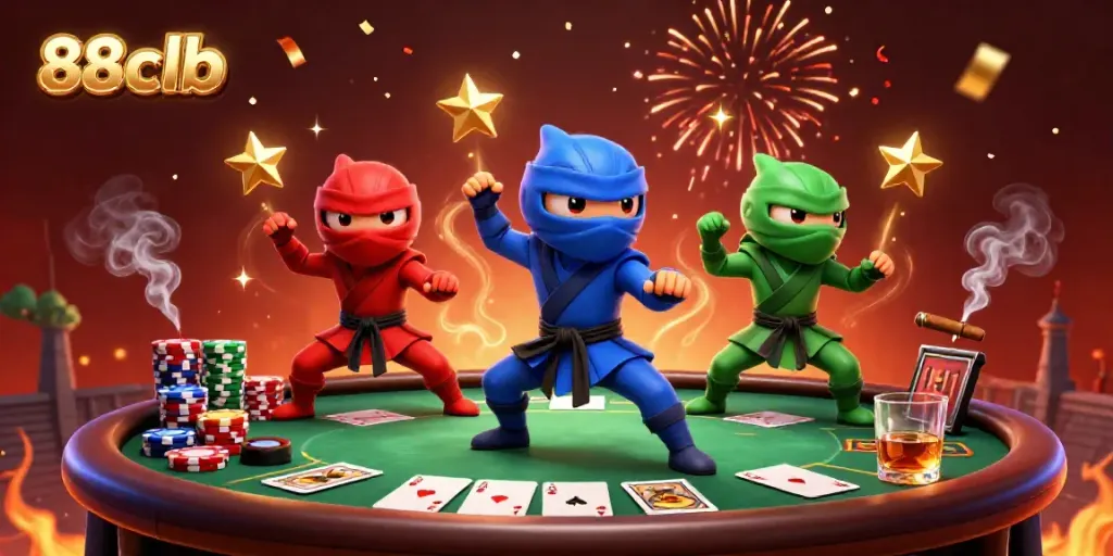 Engage in thrilling poker scenes with the vibrant 88clb ninja chameleons showcasing their winning streak.