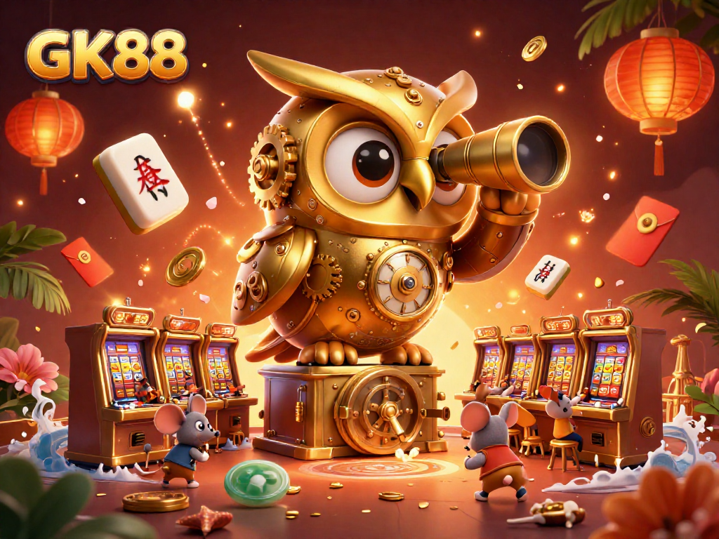 Spin the reels at GK88 in a vivid casino scene with a dynamic golden owl and casino elements.