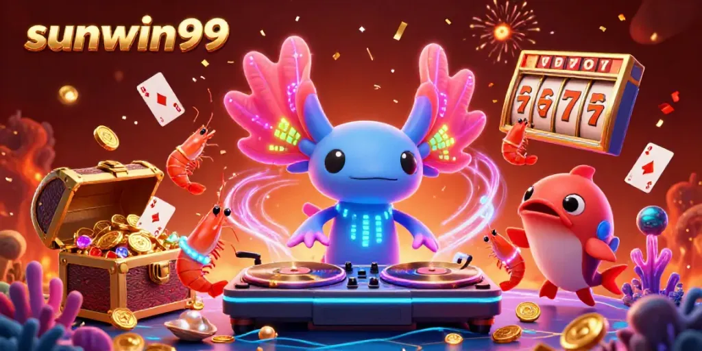 Spin the reels of sunwin99 with a vibrant underwater party featuring neon axolotl DJs and glowing treasures.