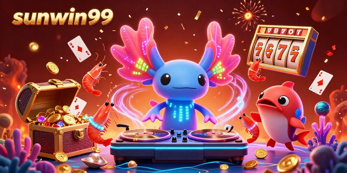 Spin the reels of sunwin99 with a vibrant underwater party featuring neon axolotl DJs and glowing treasures.